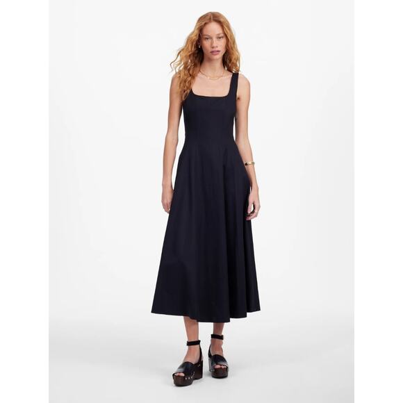 NWT Madewell Seamed Squareneck Midi Dress Black Linen Blend Size 4 NU559